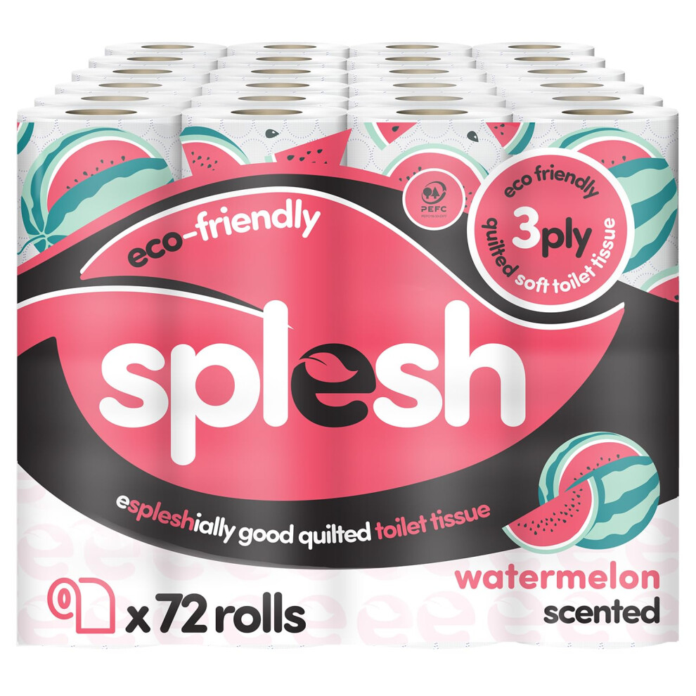 Splesh by Cusheen 3-ply Toilet Roll - Watermelon Fragrance (72 Pack) Soft, Quilted Bulk Toilet Rolls, Toilet Tissue and Loo Rolls ? Eco-Friendly