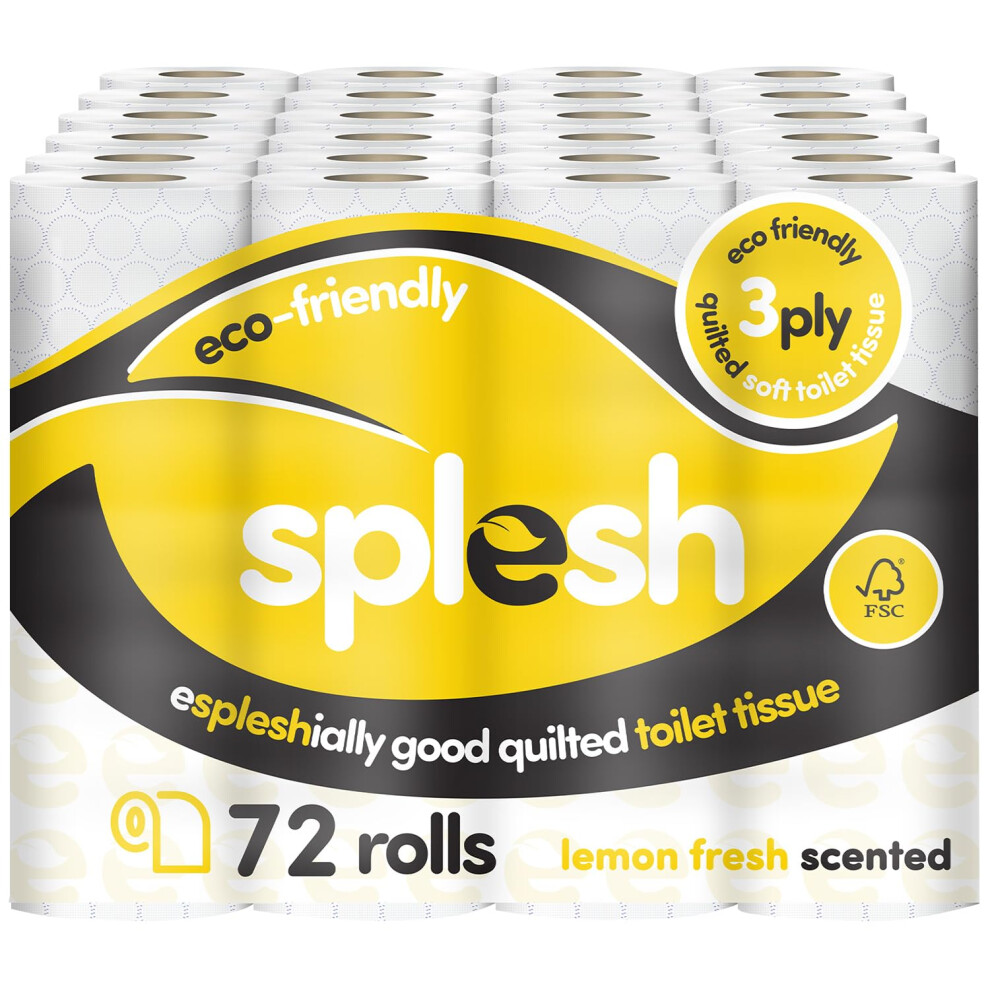 Cusheen Splesh By 3-Ply Toilet Roll - Lemon Fragrance (72 Pack) Soft, Quilted Bulk Toilet Rolls, Toilet Tissue And Loo Rolls ? Eco-Friendly Toilet