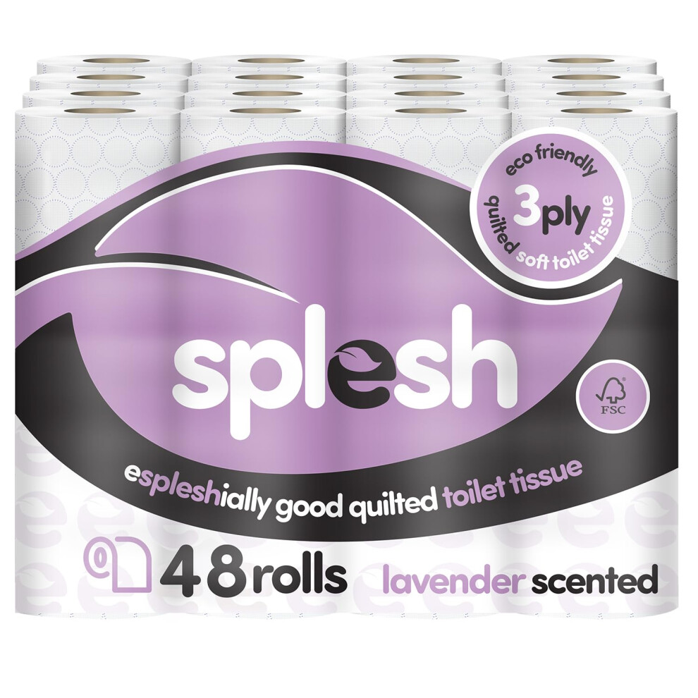 Splesh by Cusheen 3-ply Toilet Roll - Lavender Fragrance (48 Pack) Soft, Quilted Bulk Toilet Rolls, Toilet Tissue and Loo Rolls ? Eco-Friendly Toilet