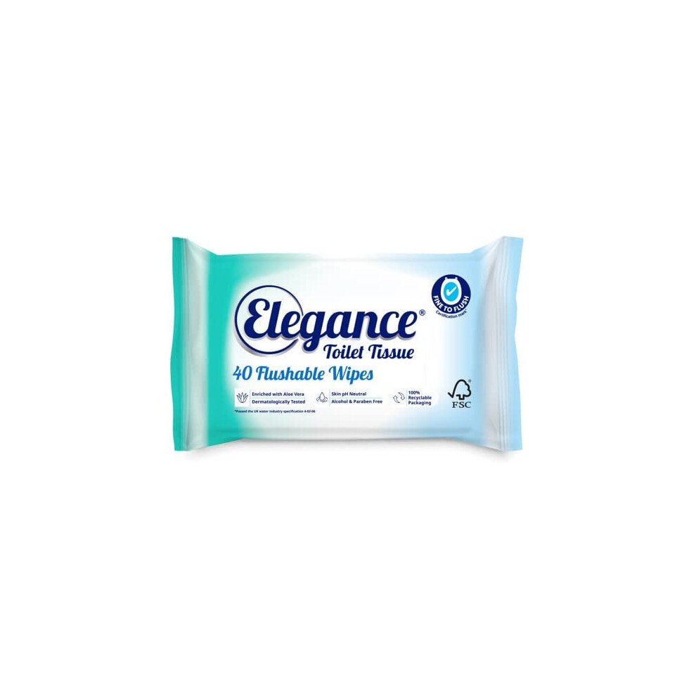 Elegance Toilet Tissue Flushable Wet Wipes, Certified Fine to Flush (16 packs x 40 wipes totaling 640 wipes)