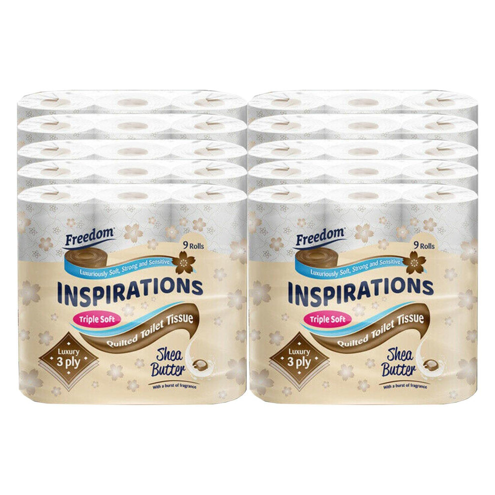 Freedom Inspirations Luxury 3Ply Quilted Shea Butter Scented Hygiene Bulk Toilet Tissue Paper Rolls 90 rolls