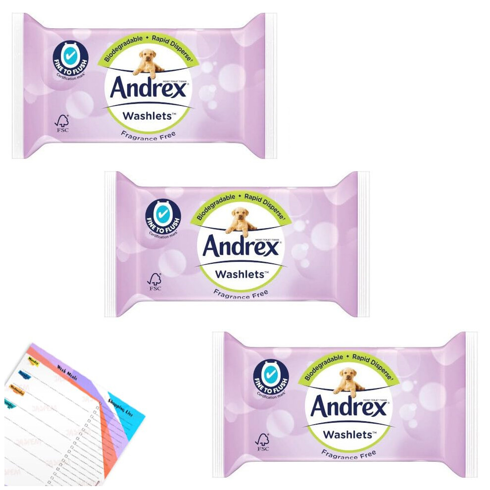 Andrex Wipe Flushable Fragrance Free Washlets | Wet Wipes Unscented | Fine To Flush Toilet Tissue | Biodegradable Rapid Disperse | 36 Wipes Per Pack,