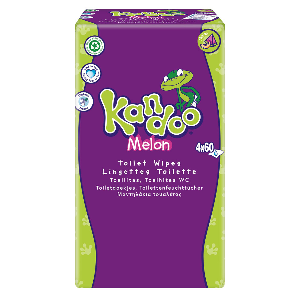 Melon Flushable Moist Toilet Tissues, 4 X 60 Wipes (Total 240 Wipes), Biodegradable And Plastic Free, Toilet Training Wet Toilet Tissues, Melon Kandoo