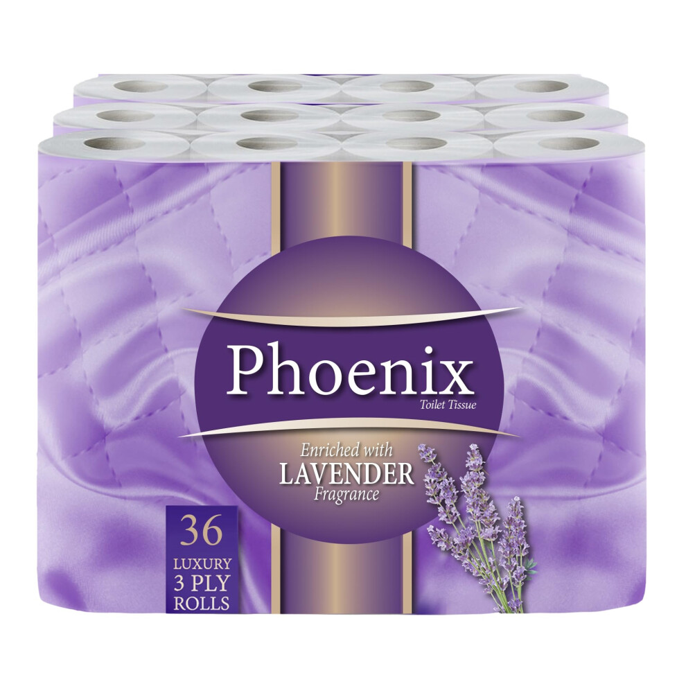 36 Phoenix Soft Lavender Fragranced Luxury Toilet Rolls Bulk Buy - Quilted White 3 Ply Toilet Paper - Pack of 36 Toilet Tissue (12 x 3 Packs)