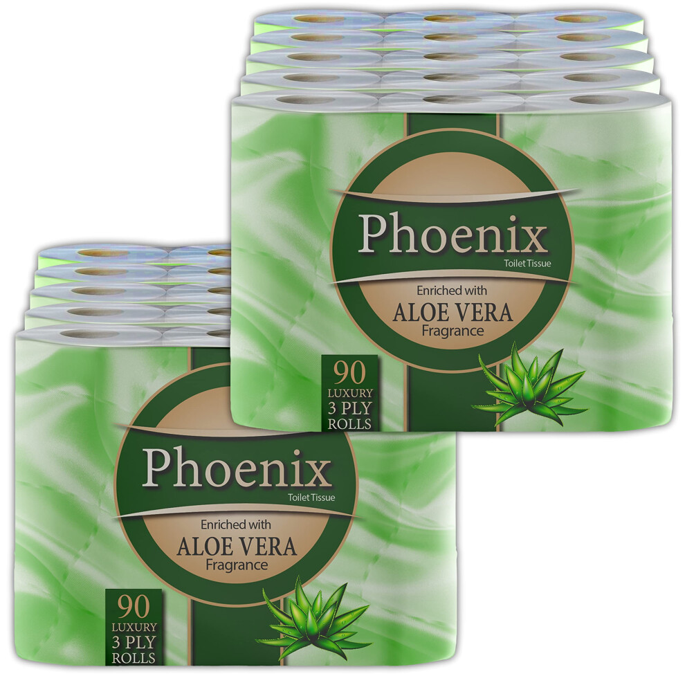 Phoenix Soft Luxury Toilet Rolls Bulk Buy ? Aloe Vera Fragranced Toilet Paper - Quilted White 3 Ply Paper - Pack of 90 Toilet Tissue (9x2x2 Packs) -