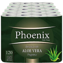 Phoenix Soft Aloe Vera Fragranced Luxury Toilet Rolls Bulk Buy - Quilted White 3 Ply Toilet Paper (120 Pack)