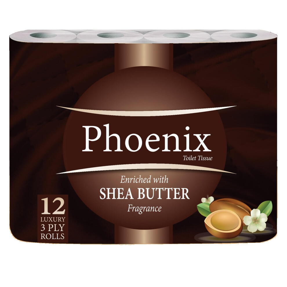 Phoenix Soft Shea Butter Fragranced Luxury Toilet Rolls Bulk Buy - Quilted White 3 Ply Toilet Paper (12 Pack)