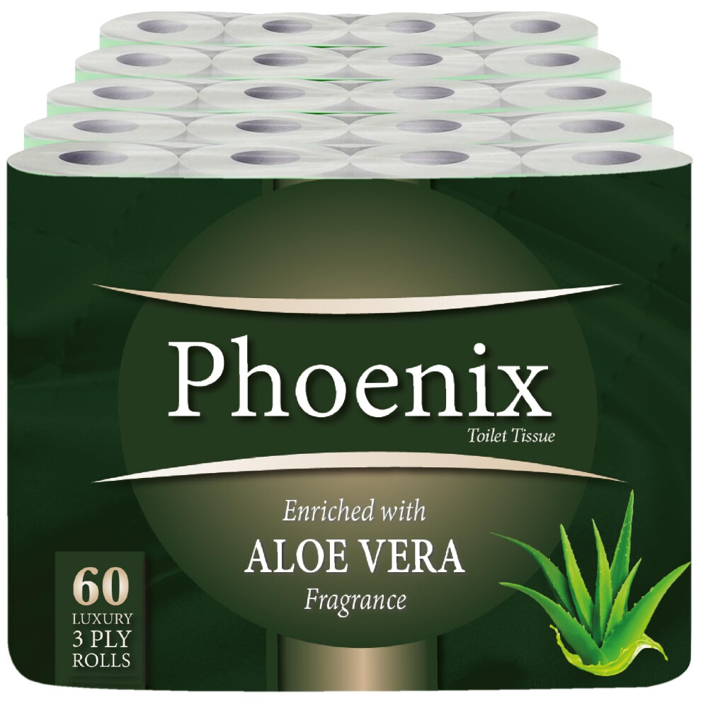 Phoenix Soft Aloe Vera Fragranced Luxury Toilet Rolls Bulk Buy - Quilted White 3 Ply Toilet Paper (60 Pack)