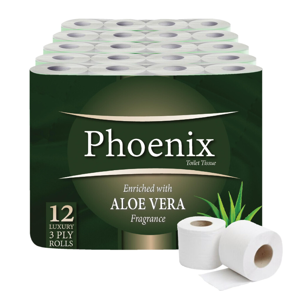 Phoenix Soft Aloe Vera Fragranced Luxury Toilet Rolls Bulk Buy - Quilted White 3 Ply Toilet Paper (12 Pack)