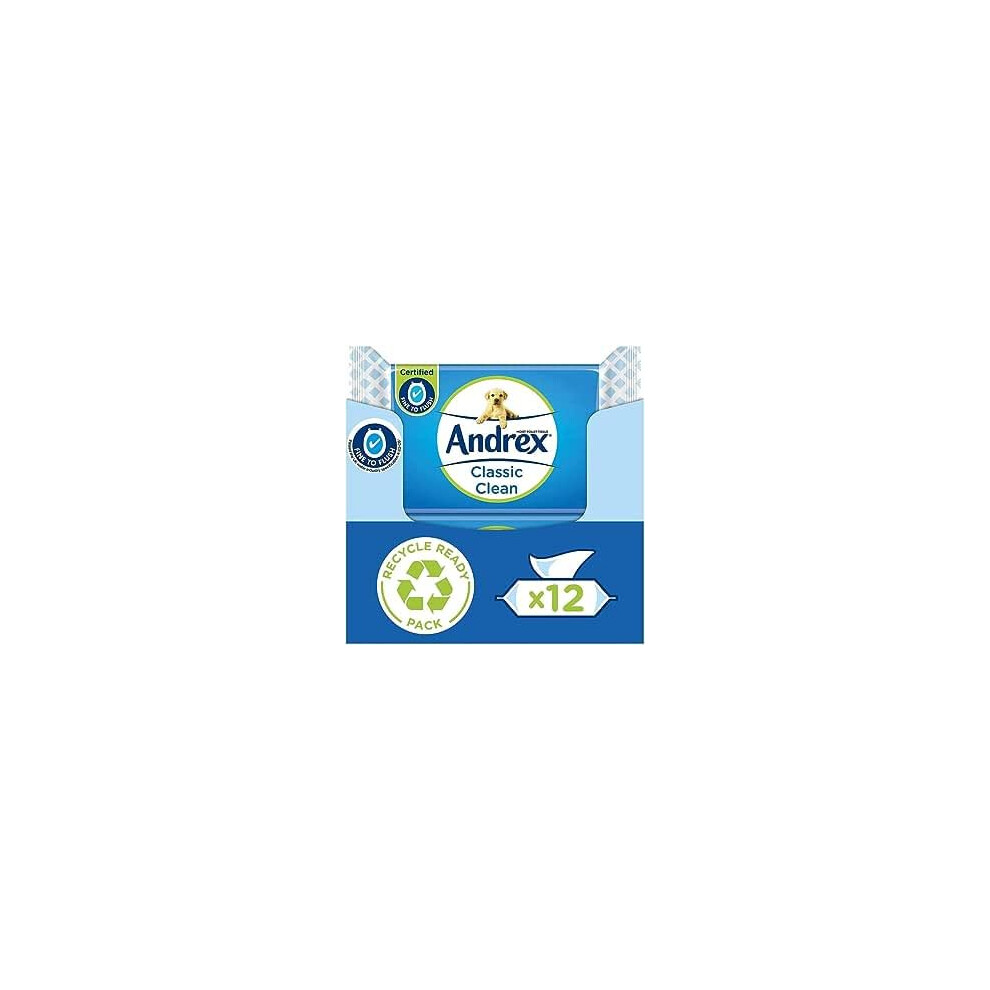 Andrex Classic Clean Washlets - 12 Packs of 36 Sheets Each - Flushable, Biodegradable Wet Wipes with Cotton & Micellar Water - Eco-Friendly and