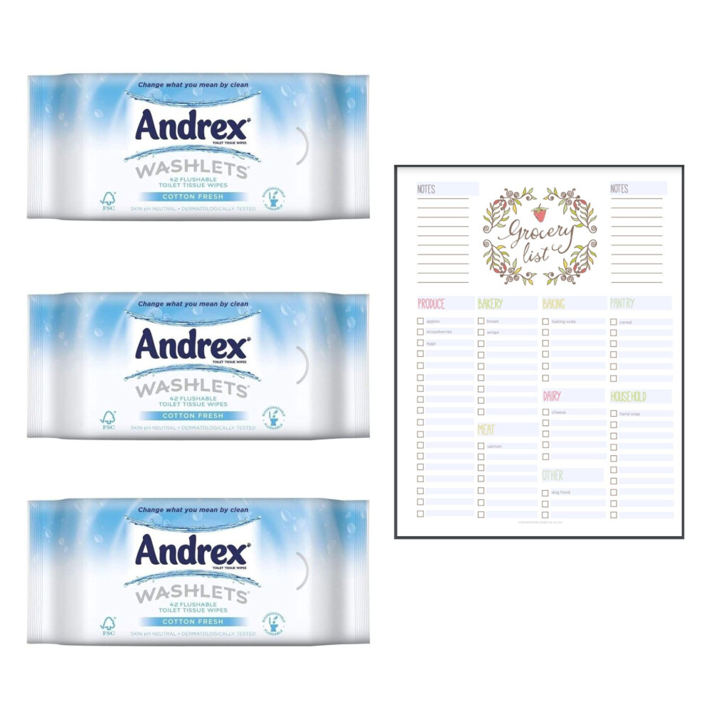 Toilet Wipes Bundle which Contains Andrex Washlets Flushable Toilet Tissue 40 pack - Pack of 3 with Grocery List Card