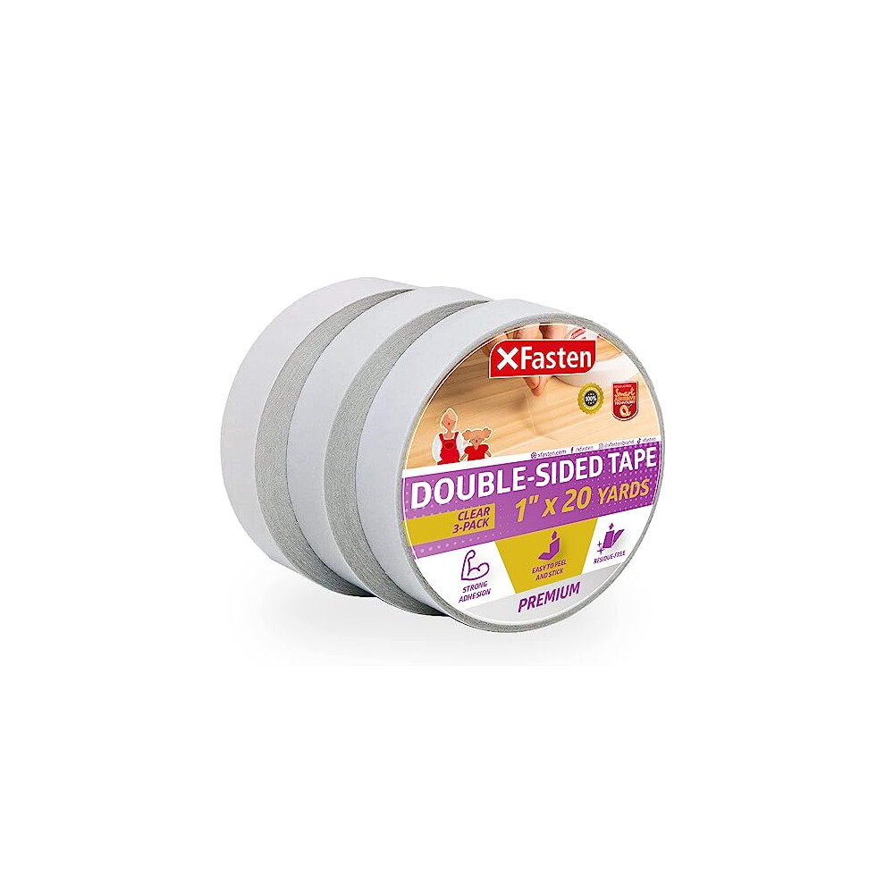 XFasten Double Sided Tape Clear, Removable, 1-Inch by 20-Yards, Pack of 3 Ideal as a Gift Wrap Tape, Holding Carpets, and Woodworking