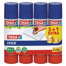 tesa Glue Stick - Odourless Craft Glue Stick for Paper and Cardboard - Solvent-Free and Environmentally Friendly - 4 x 20 g