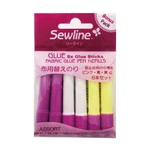 Sewline FAB50062 Refill for Textile Glue Stick, Water-Soluble, 6 Pieces: 2 x Blue; 2 x Yellow; 2 x Pink