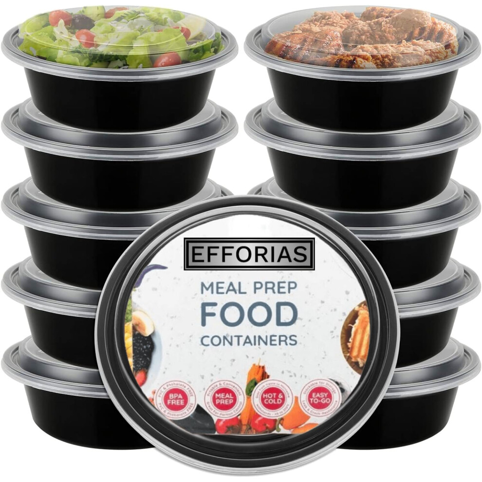 Efforias Round Plastic Meal Prep Containers (10 Pack, 24oz) - Reusable BPA Free Food Containers with Airtight Lids - Microwavable, Freezer and