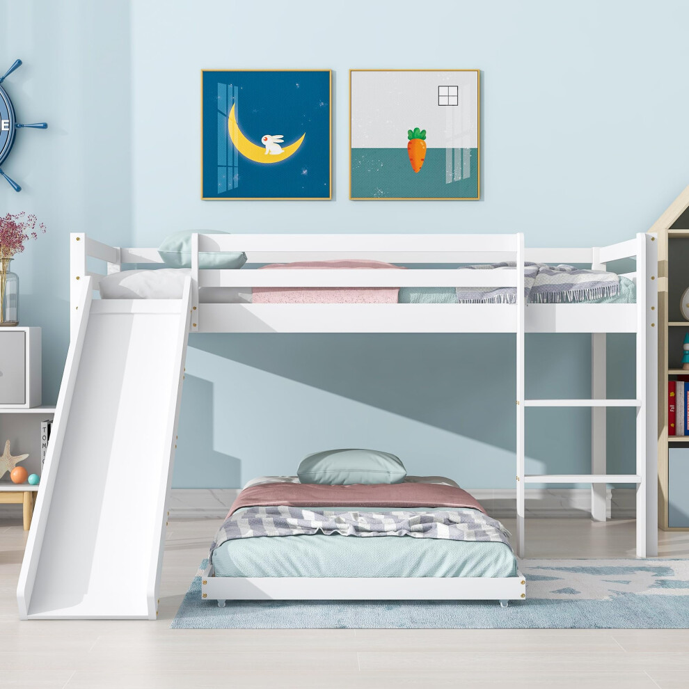 BTM Children's Cabin Bed Frame with Slide & Ladder, Bunk Bed for Kids with Adjustable Ladder and Slide, Adjustable Lower Bed (White,