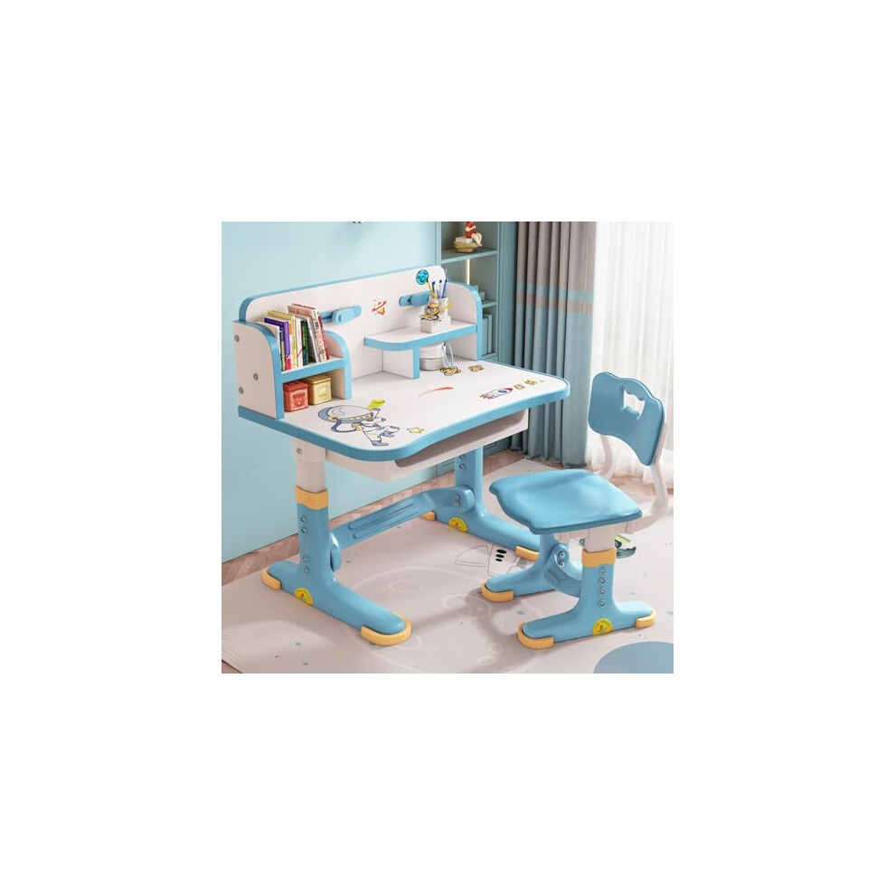 lamphle Children'S Learning Desk and Chair Set Learning Desk Height Adjustable with Drawer Wide Desktop Cartoon Pattern Table and Chair Set Suitable