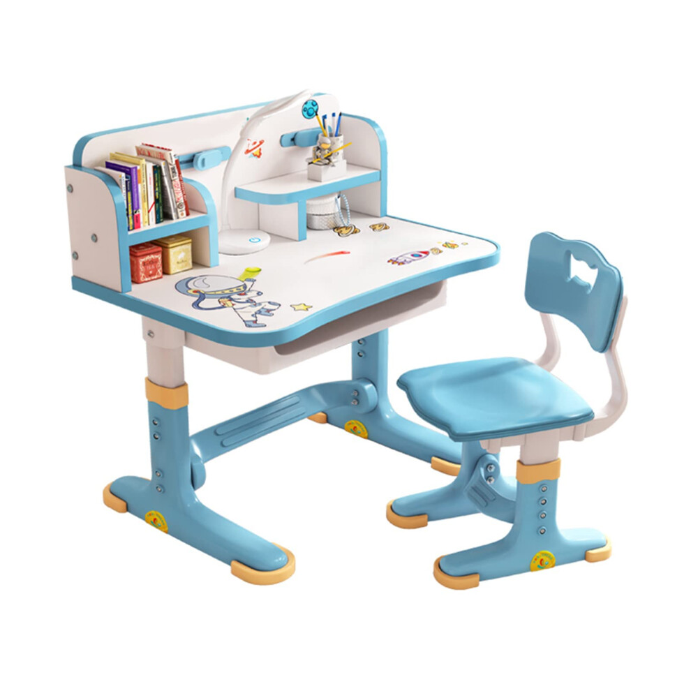 Reheyre Children Study Desk and Chair Set, Blue Desk Set with Adjustable Height, Drawers and Storage, Cartoon Pattern Childs Learning Tables and