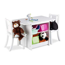 Relaxdays Children's ALBUS with Storage Space, 1, 2 Chairs, Kid's Table Set for Boys and Girls, White, Wood, 46 x 75 x 56 cm