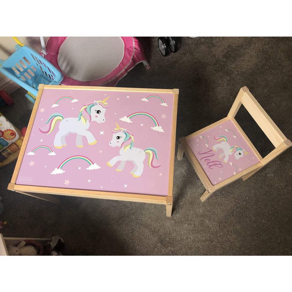 MakeThisMine Personalised Children's Table and 1 Chair LATT Wooden Name Engraved Pink Unicorn Sparkle Printed Desk Set Play Kids Girls Friends Boys