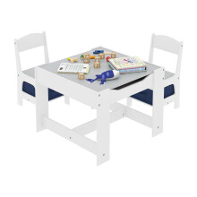 Lestarain Children's Table and Chairs with Reversible Top, 3 Storage Spaces, 2 Chairs, Blackboard, Suitable for Children's Room, Nursery, Playground,
