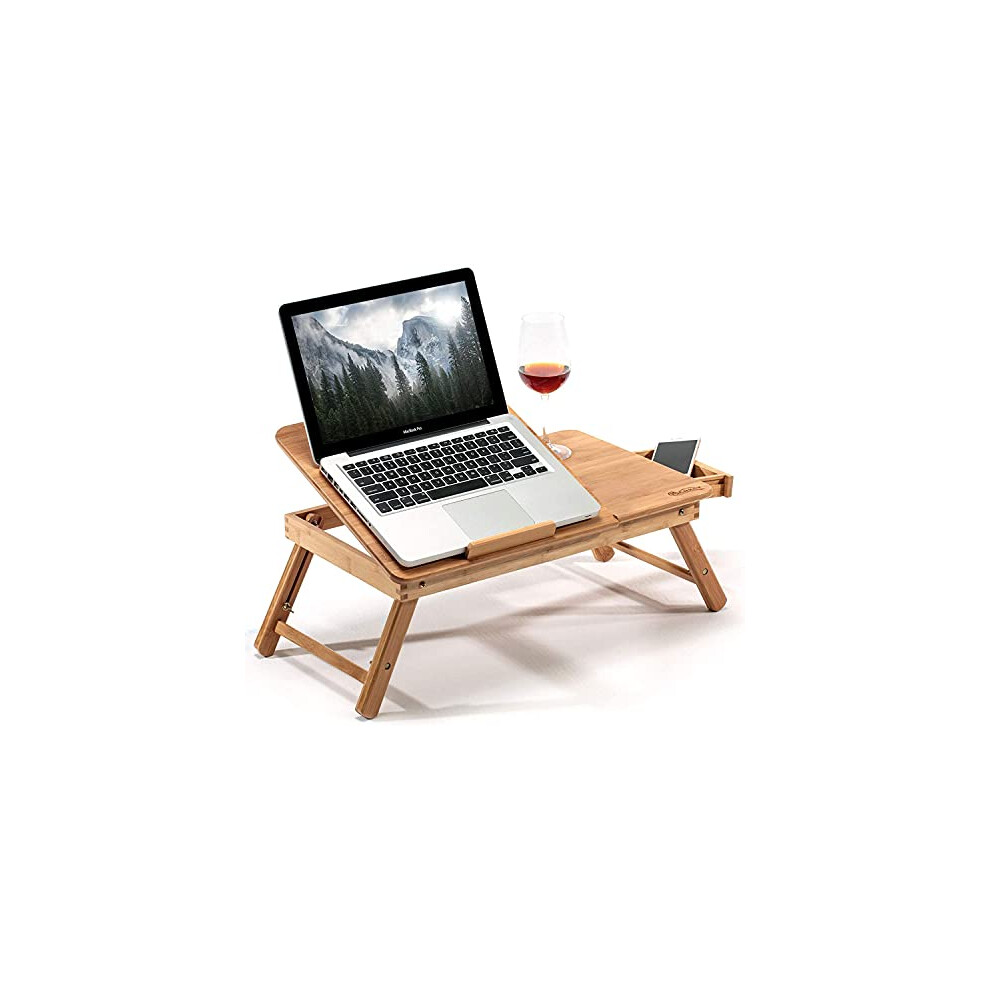Folding Bamboo Laptop Table, Bed Table with Storage Drawer, Tray for PC Notebook, Bed Computer Laptop Table, Tilt Table, 50 x 30 x 20 cm