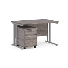 DAMS Maestro 25 Desk Bundle - 800 mm Deep Straight Desk & 2 Drawer Mobile Pedestal with Silver Cantilever Leg, Grey Oak, 120 cm