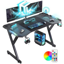 DLONGONE 120x60cm Gaming Desk with LED Lights, Computer Gaming Desk with Carbon Fibre Surface,Sturdy PC Desk and Home Office with Headphone Hook and