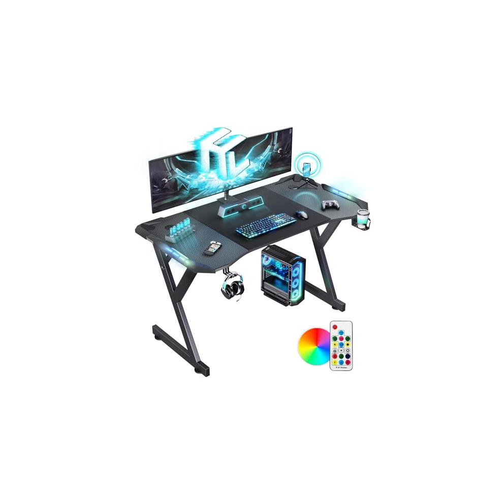 Dlongone 120X60cm Gaming Desk With Led Lights, Computer Gaming Desk With Carbon Fibre Surface,Sturdy Pc Desk And Home Office With Headphone Hook And