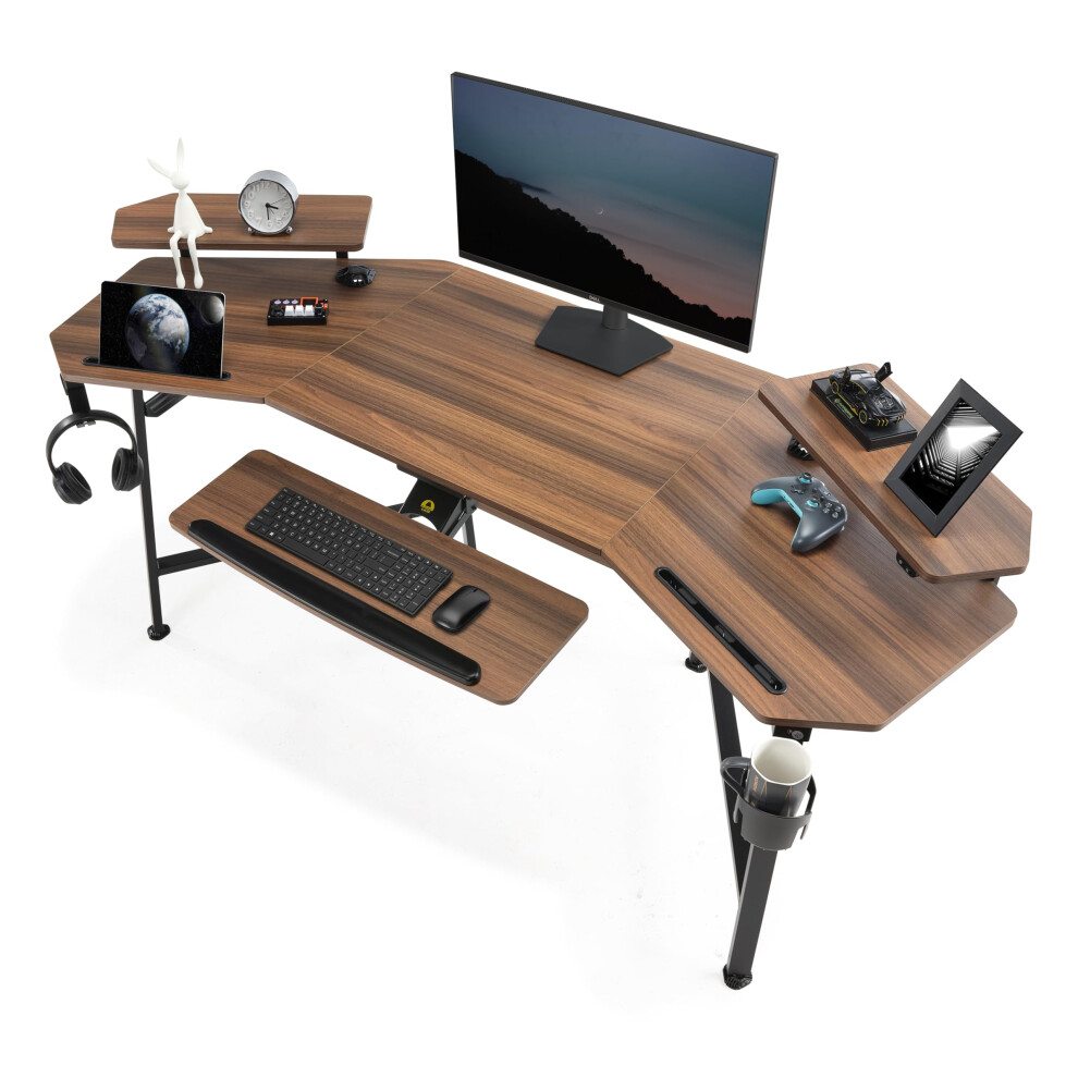 EUREKA ERGONOMIC Gaming Desk with LED Lights 182 x 76cm Wing Shaped Computer Desk Large Office Computer Workstation PC Table w Keyboard Tray, Dual-image-OPC-PDTCP5S-NEW