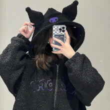 (2XL) Kawaii Kuromi Winter Plush Hooded Sweater Anime Fashion Cartoon Girls Lamb Velvet Autumn Thickened Loose Coat Gifts Compatible With Ladies