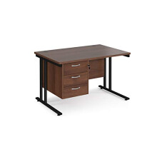 Mr Office Maestro 25 straight desk 800mm deep with 3 drawer pedestal - black cantilever leg frame, 1200, Walnut
