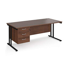 Mr Office Maestro 25 straight desk 800mm deep with 3 drawer pedestal - black cantilever leg frame, 1800, Walnut