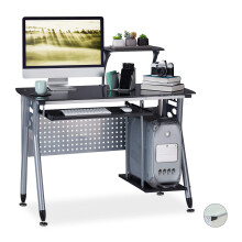 Relaxdays Computer Desk Glass, Keyboard Tray & Shelf for Desktop PC, HWD: 98 x 105 x 55 cm, Modern Office, Black, PB, Metal
