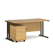 Mr Office Maestro 25 straight desk 800mm deep with black cantilever frame and 2 drawer pedestal bundle, Oak, 1600