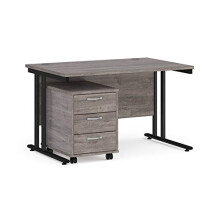 Mr Office Maestro 25 straight desk 800mm deep with black cantilever frame and 3 drawer pedestal bundle, Grey oak, 1200
