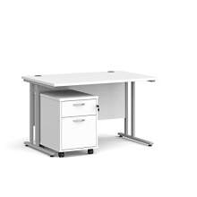 Mr Office Maestro 25 straight desk - with silver cantilever frame and 2 drawer pedestal bundle, White, 1200