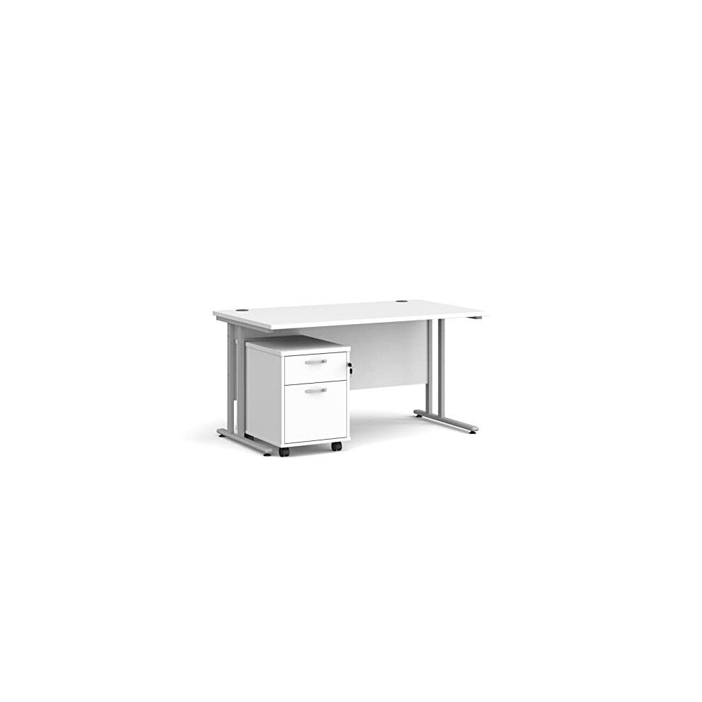 Mr Office Maestro 25 straight desk - with silver cantilever frame and 2 drawer pedestal bundle, White, 1400