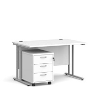 Mr Office Maestro 25 straight desk - with silver cantilever frame and 3 drawer pedestal, White, 1200