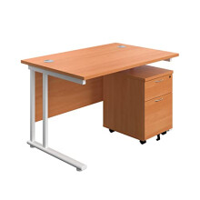 Office Hippo Heavy Duty Rectangular Cantilever Office Desk with 2 Drawer Mobile Filing Pedestal, White Frame, Beech, 120 x 80 x 73 cm