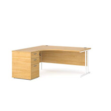 Mr Office Maestro 25 left hand ergonomic desk with white cantilever frame and desk high pedestal bundle, Oak, 1600