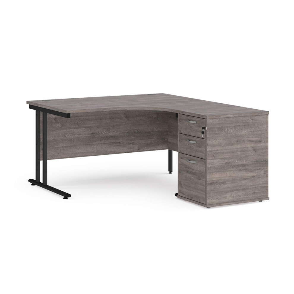 Mr Office Maestro 25 right hand ergonomic desk with black cantilever frame and desk high pedestal bundle, 1400, Grey oak
