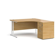 Mr Office Maestro 25 right hand ergonomic desk with white cantilever frame and desk high pedestal bundle (Oak, 1400)