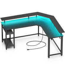 Rolanstar L Shaped Gaming Desk with LED Lights & Power Outlets, 55.1" Computer Desk with Full Monitor Stand & Storage Shelf, Corner Desk with Hooks,
