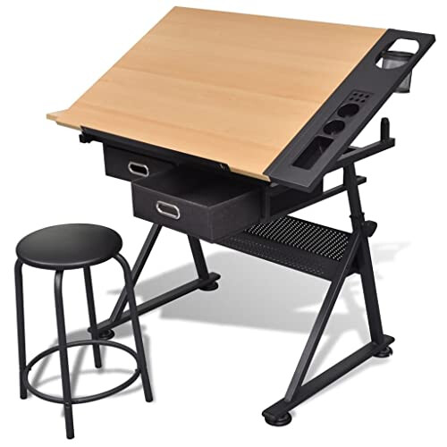 VidaXL vidaXL Tiltable Tabletop Drawing Table with Stool Home Office Durable with Drawers