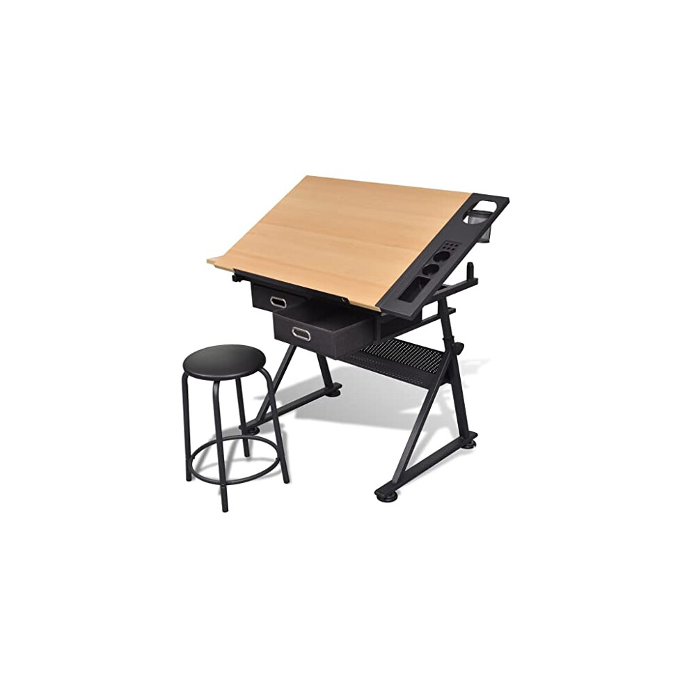 vidaXL Tiltable Tabletop Drawing Table with Stool Home Office Durable with Drawers