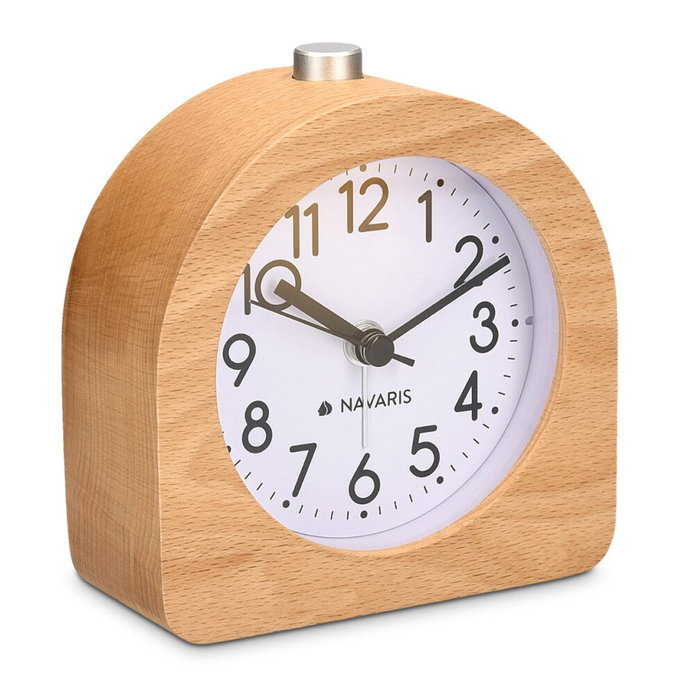 Navaris Wooden Bedside Alarm Clock - Analogue Table Clock w/Retro Design Snooze Function & Light - Natural Wood in Light Brown