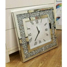 Biznest Wall Clock Large Square Luxury Diamond Crystal Mirror Wall Nearly Silent Clock For Home Office Living Room Bedroom Decoration-40X40cm silver