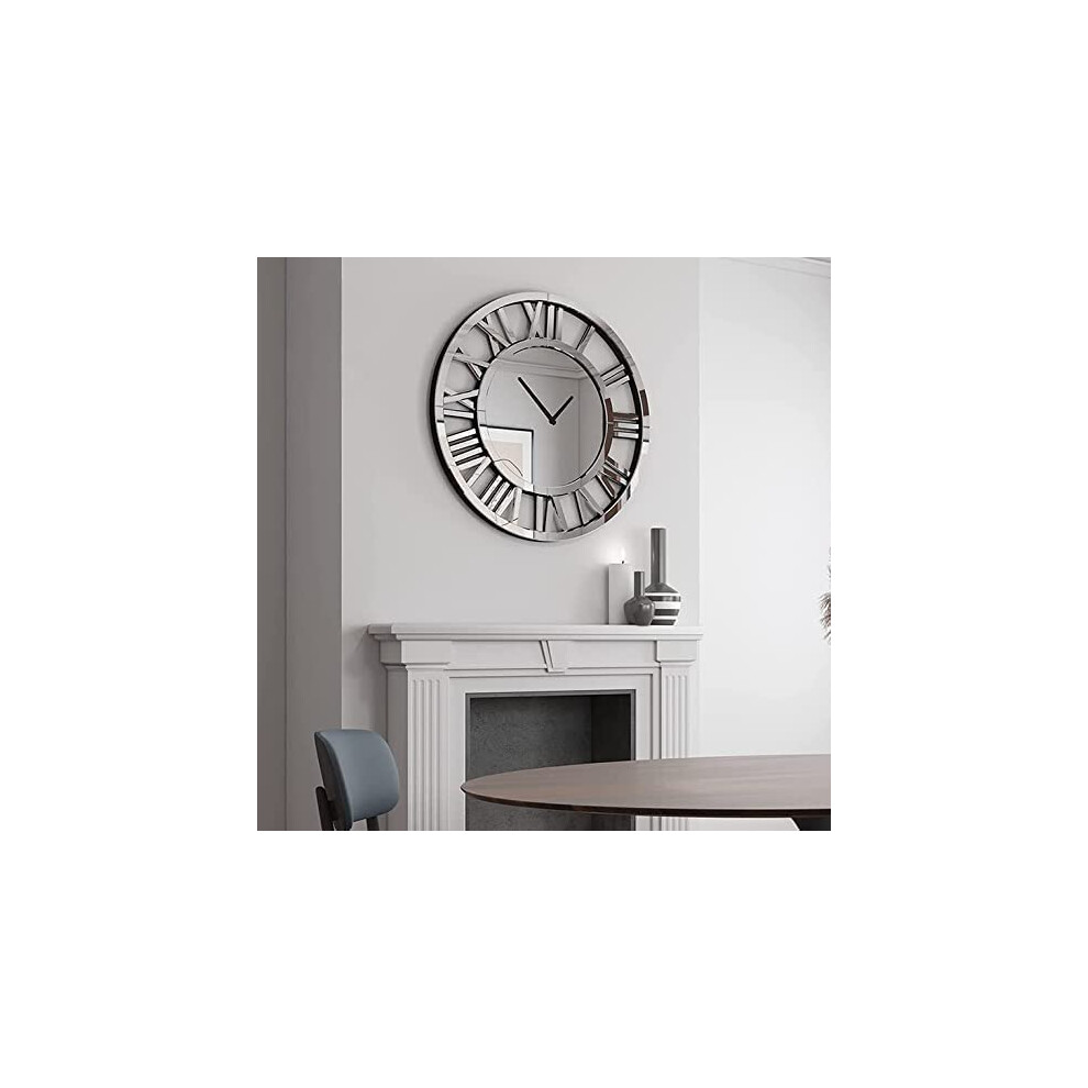 Biznest Full Mirrored Round Wall Clock Large Roman Numeral Silent Clock Finish Modern Home Decorative Mount (80X80cm) Silver