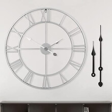 HAITANG Vintage Silver Metal Large Wall Clock Roman Style 16 Inches Round Silent Non Ticking Battery Operated Roman Numerals Clocks for Living